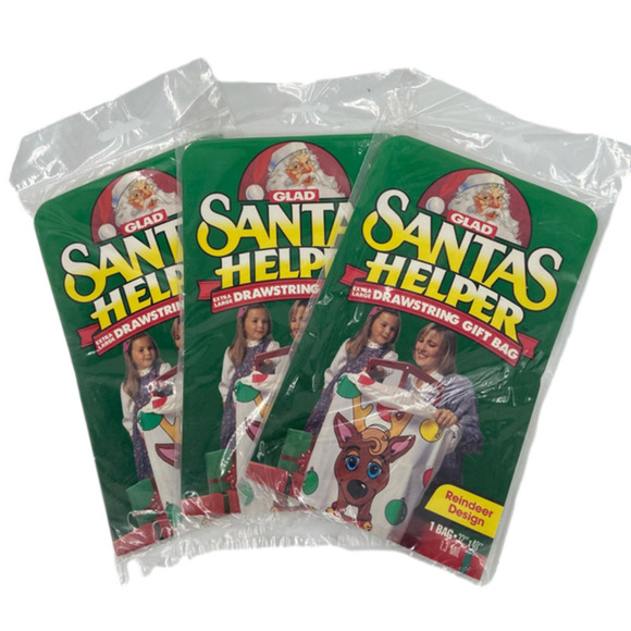 VINTAGE Lot of 3 Glad Santa's Helper XL Drawstring Gift Bag Reindeer 32" x 40" - Picture 1 of 9